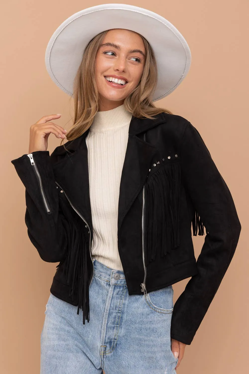 32266J - Suede Studded Fringe Moto Jacket: BLACK / M