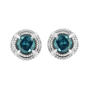 .925 Sterling Silver Treated Colored Diamond Modern 4-Prong Solitaire Milgrain Stud Earrings