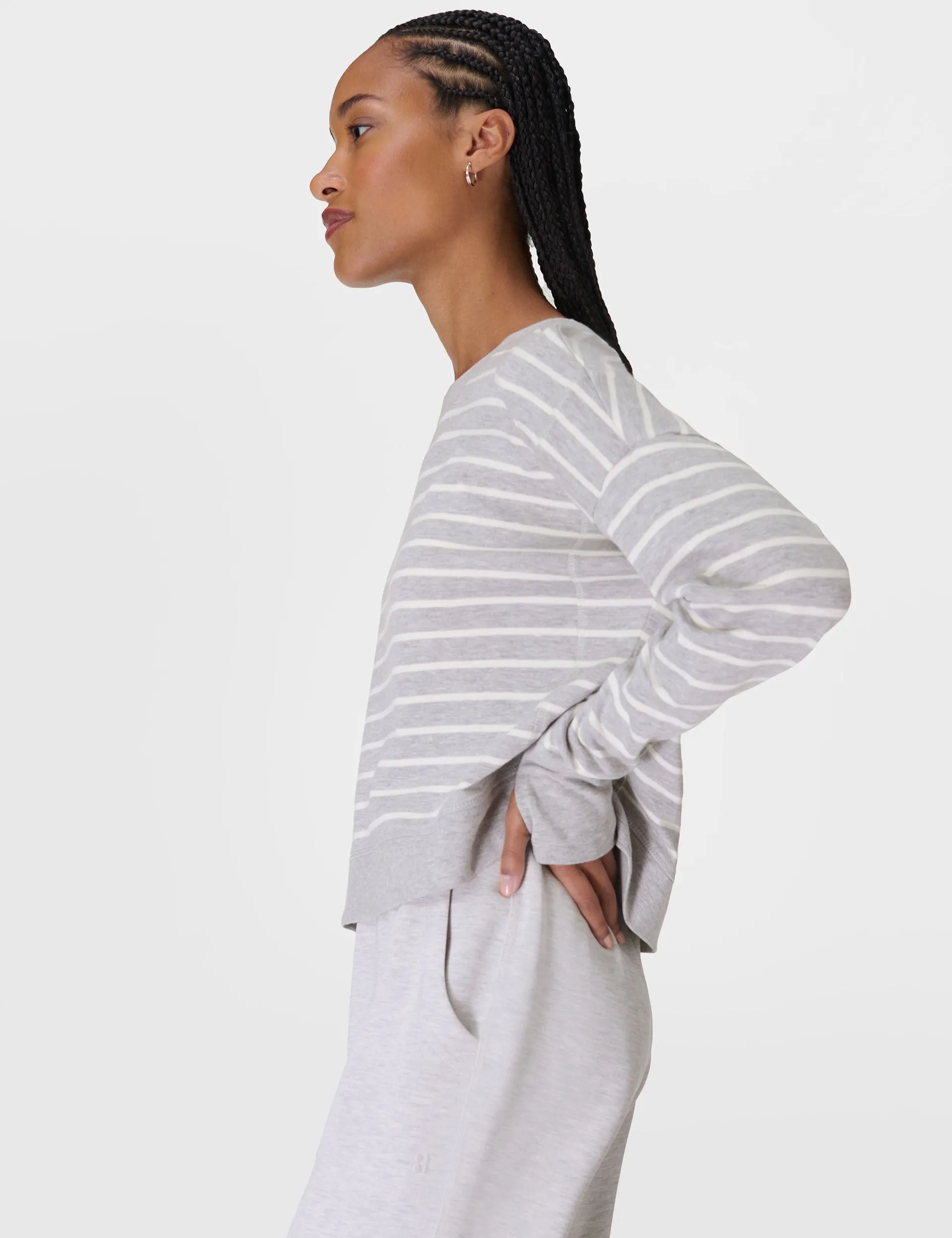 After Class Crop Sweatshirt - Lily White Light Grey Marl Stripe