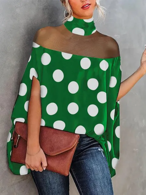 Batwing Sleeves Polka-Dot See-Through Blouses