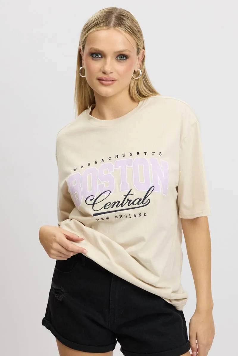 Beige Graphic Tee Short Sleeve