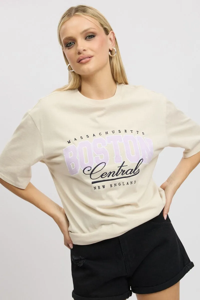 Beige Graphic Tee Short Sleeve