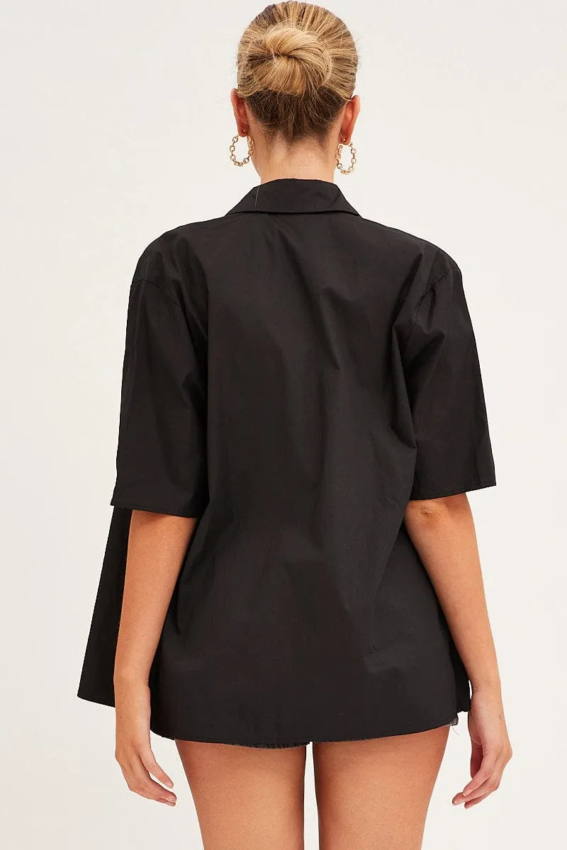 Black Relaxed Fit Shirt Short Sleeve Collared Longline