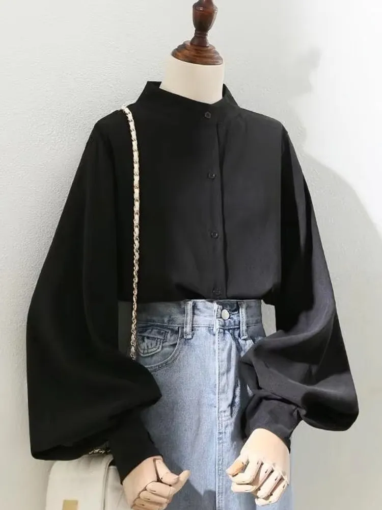 Blouses Shirt Lady Long Lantern Sleeve Stand Collar