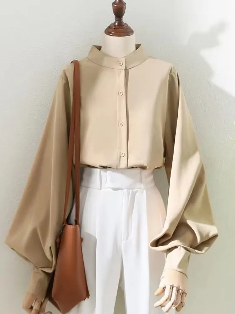 Blouses Shirt Lady Long Lantern Sleeve Stand Collar