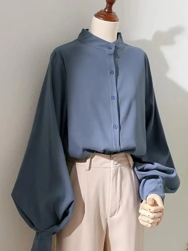 Blouses Shirt Lady Long Lantern Sleeve Stand Collar