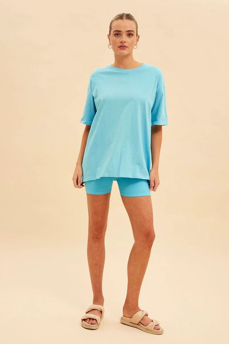 Blue Jamie Cotton Jersey Crew Neck Oversized T-Shirt