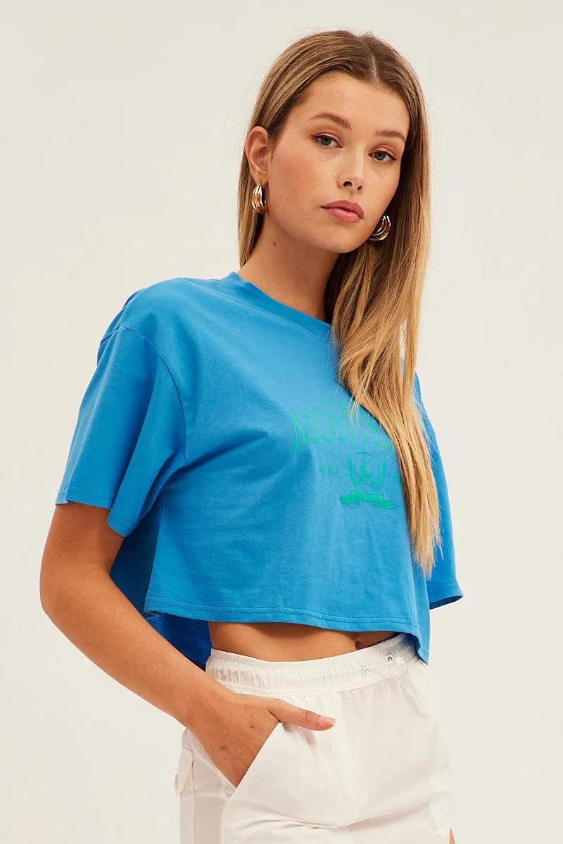 Blue Monterey Crew Short Sleeve Crop Graphic T-Shirt