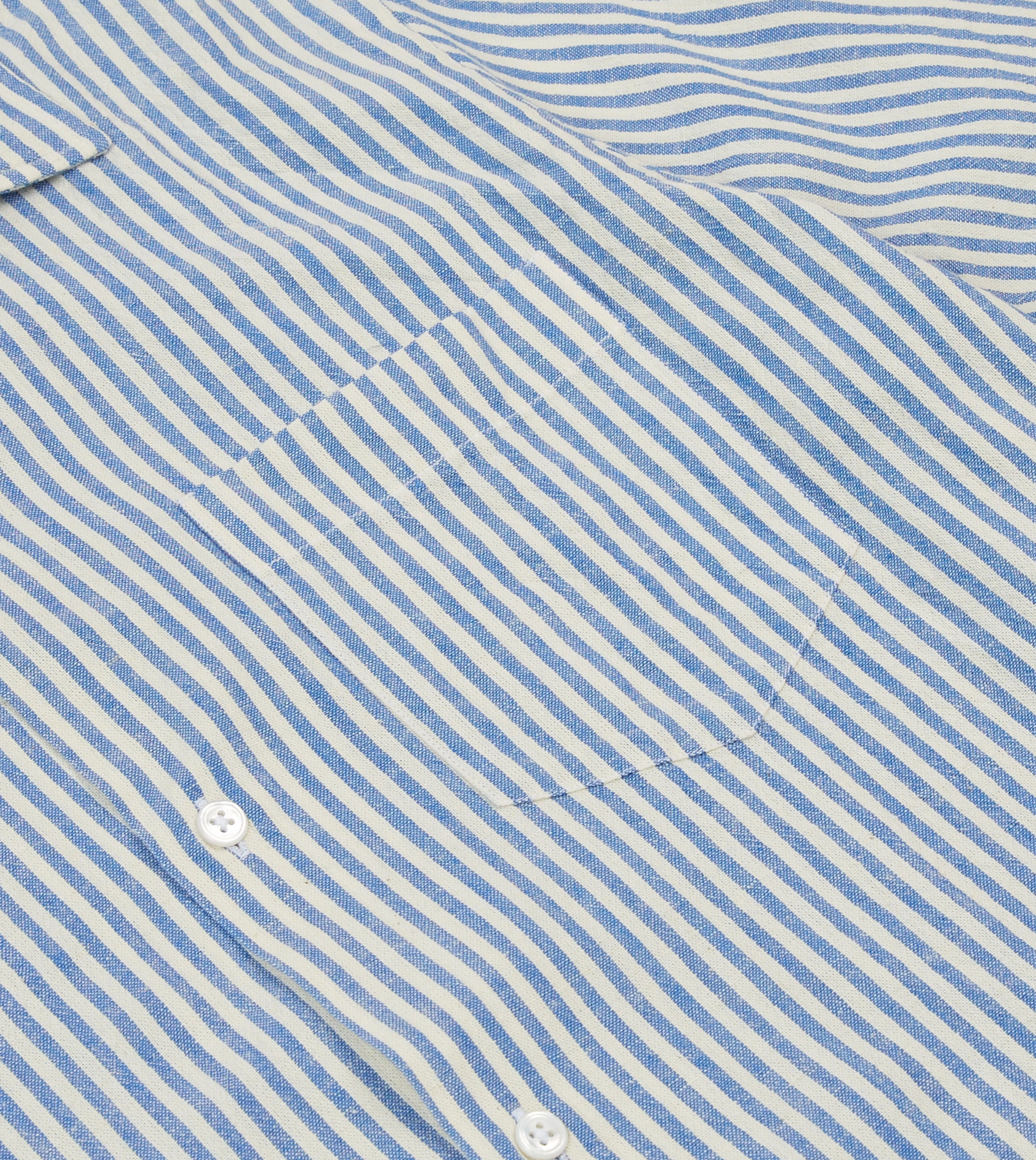 Blue and White Stripe Cotton-Linen Camp Collar Short Sleeve Shirt