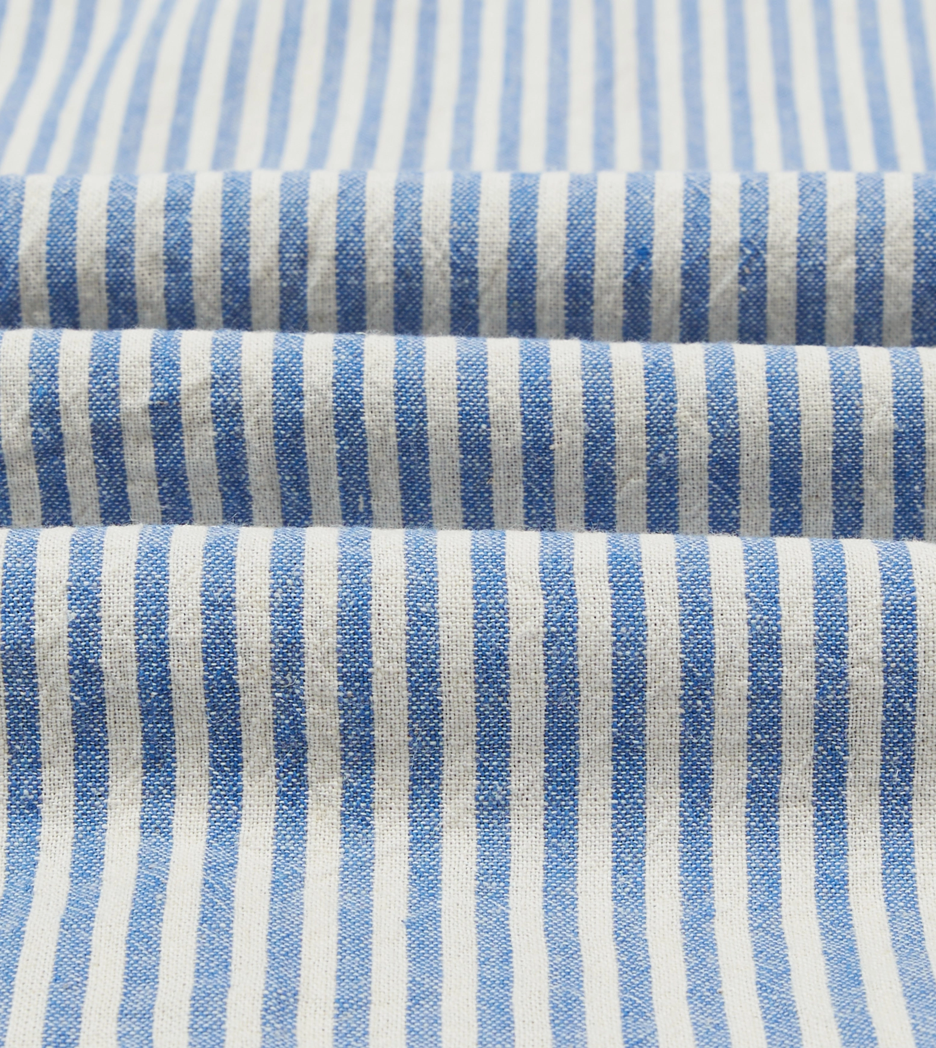 Blue and White Stripe Cotton-Linen Camp Collar Short Sleeve Shirt