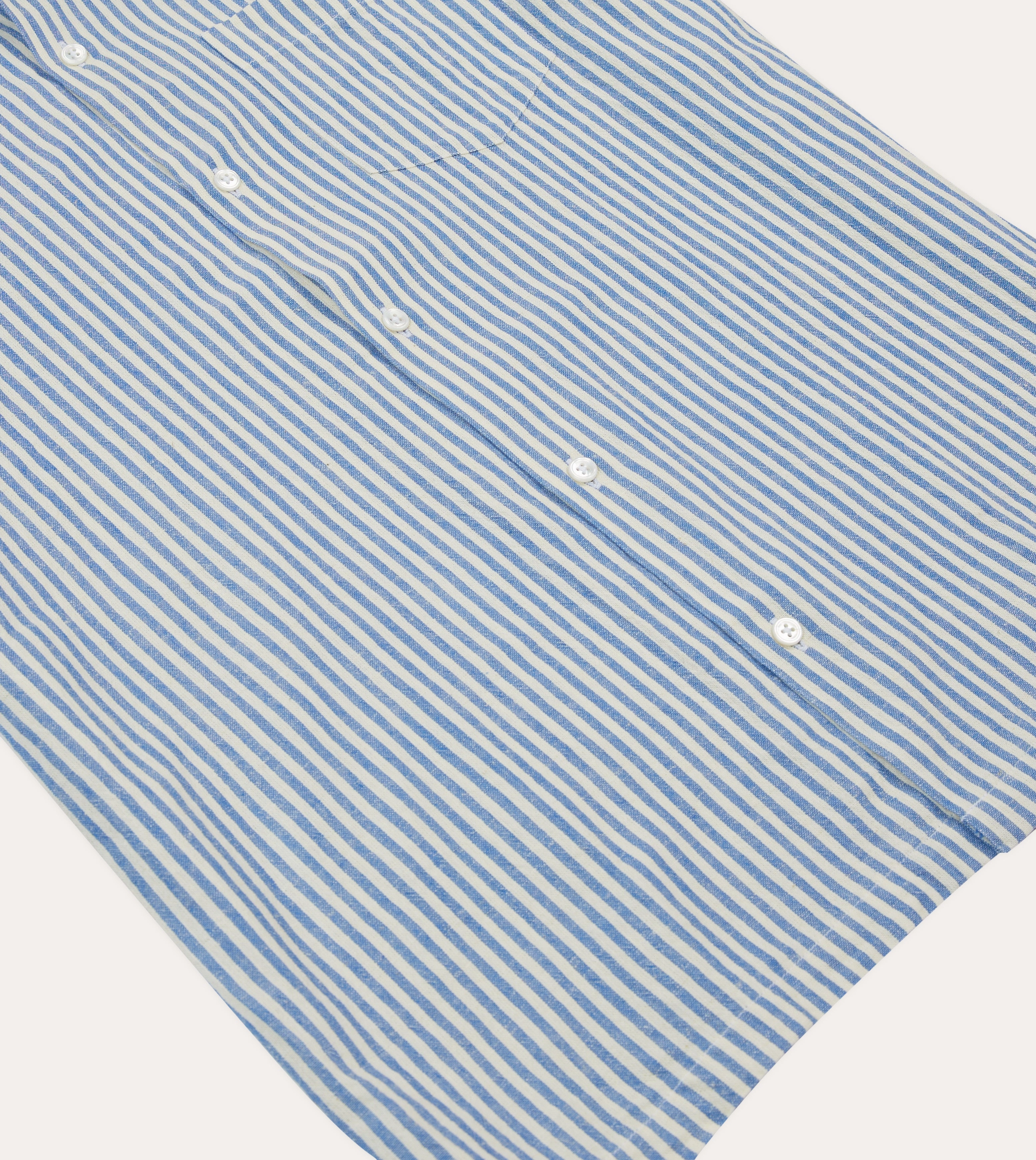 Blue and White Stripe Cotton-Linen Camp Collar Short Sleeve Shirt