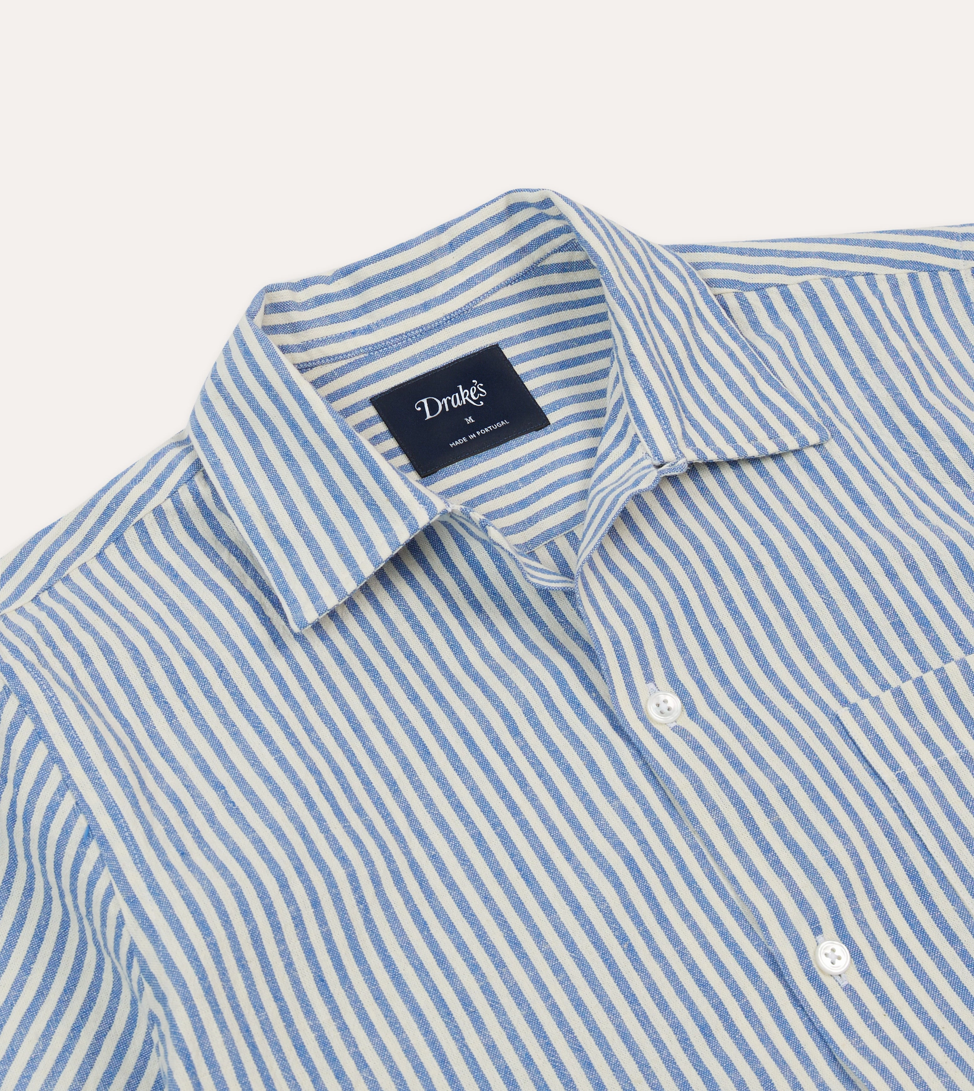 Blue and White Stripe Cotton-Linen Camp Collar Short Sleeve Shirt