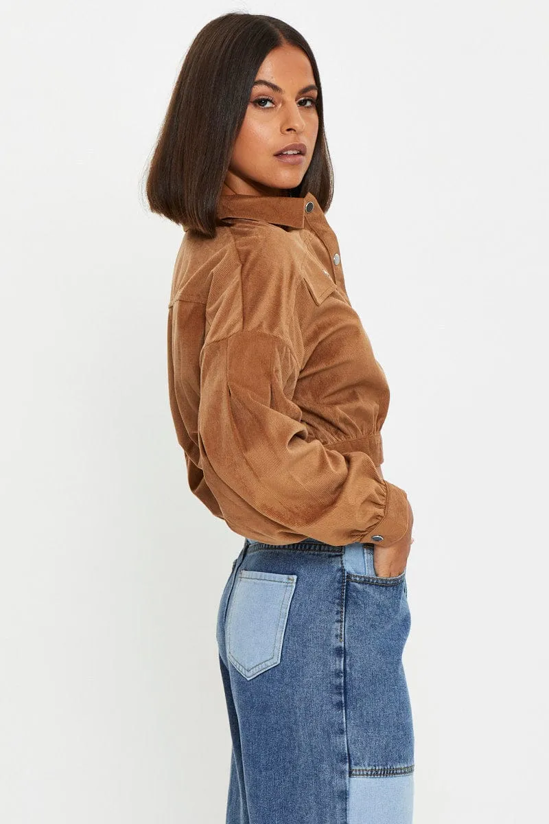 Brown Crop Button Front Shirt