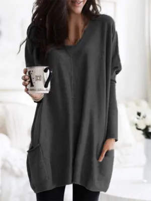 Casual Solid Color Double Pockets Loose Shirts For Women S - Plus Size