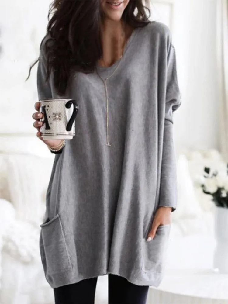 Casual Solid Color Double Pockets Loose Shirts For Women S - Plus Size