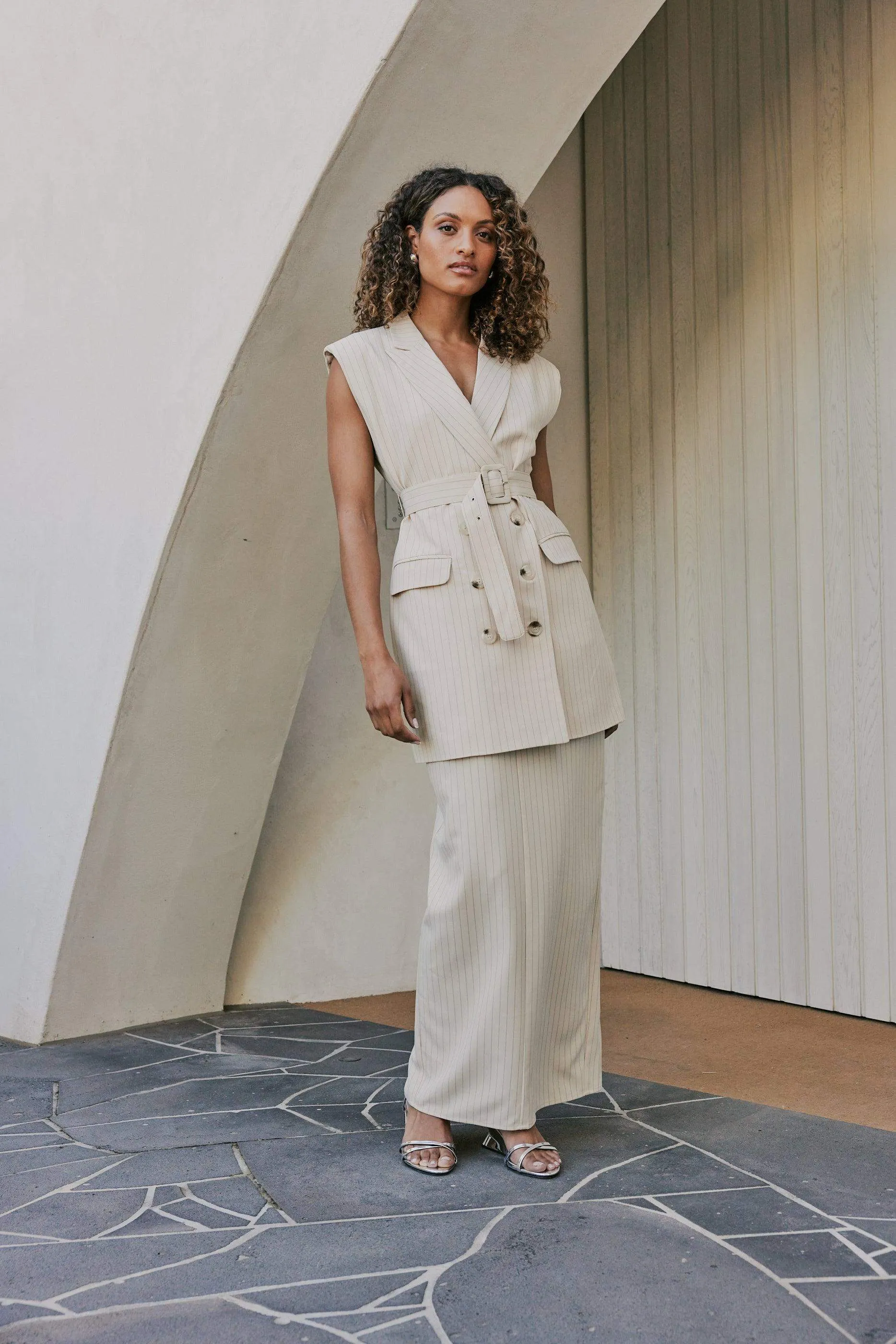 CURAAE Aveline Pinstripe Maxi Skirt In Beige