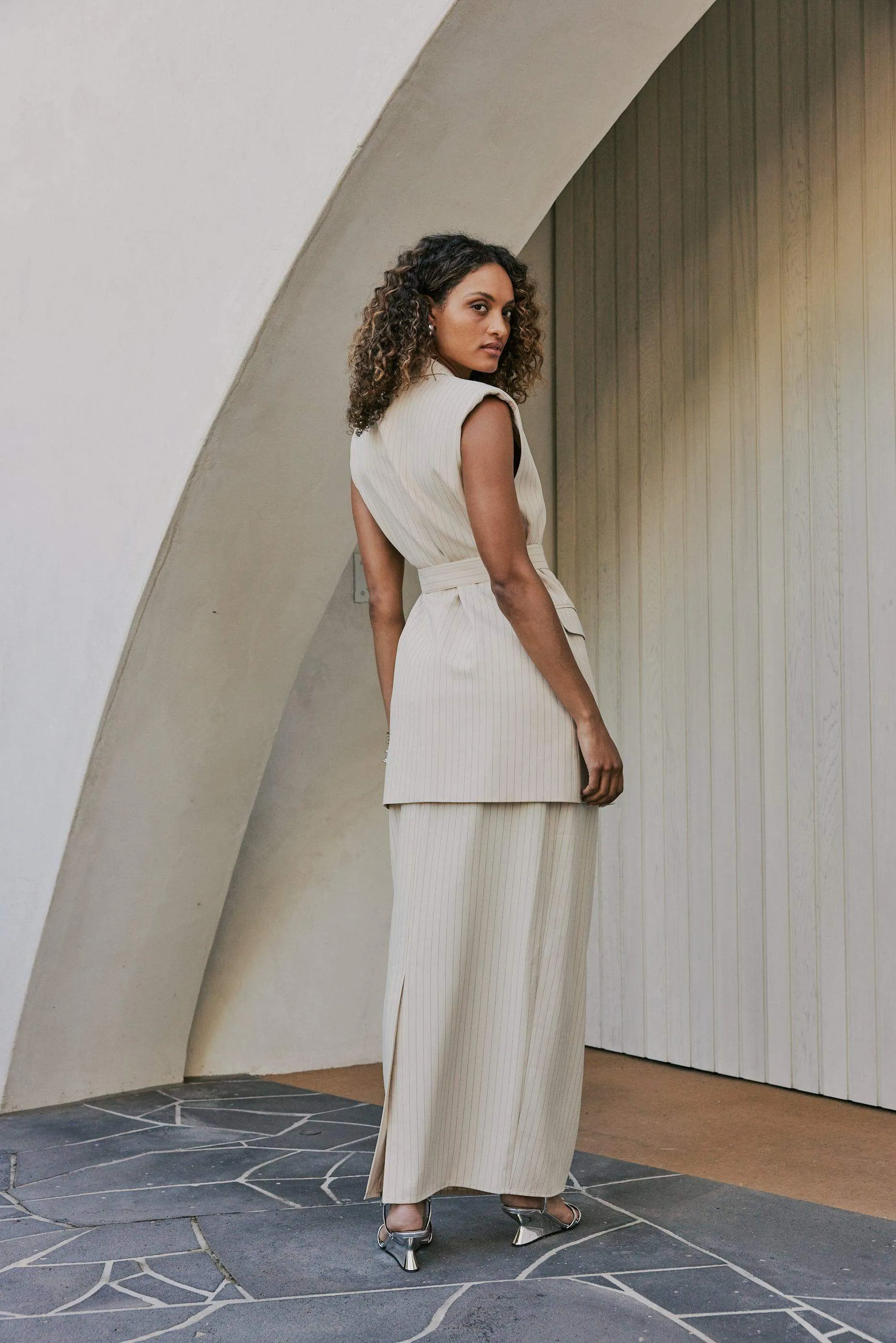 CURAAE Aveline Pinstripe Maxi Skirt In Beige