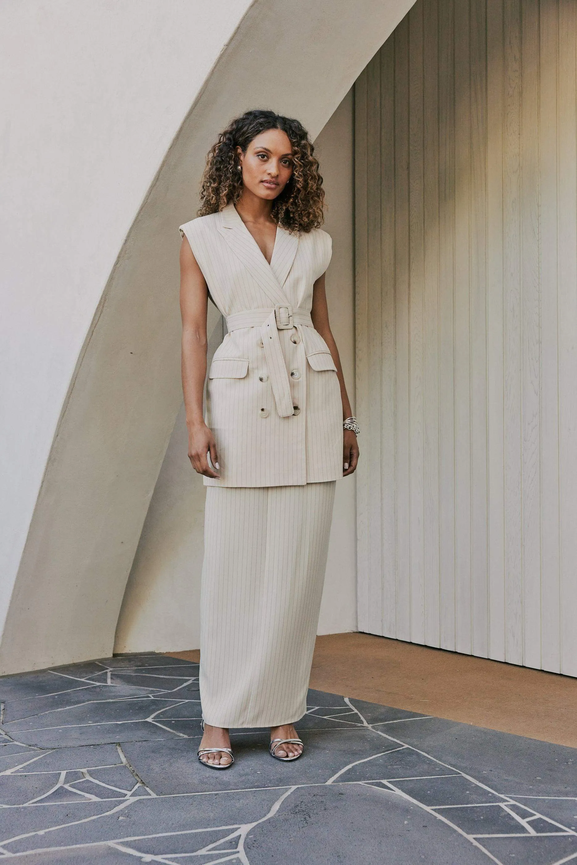 CURAAE Aveline Pinstripe Maxi Skirt In Beige