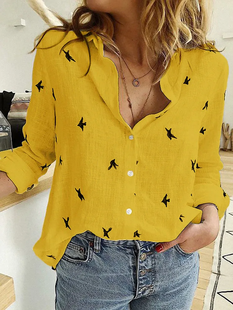 Daily Casual Women Bird Print Cotton Linen Long Sleeve Shirt Commute Blouse