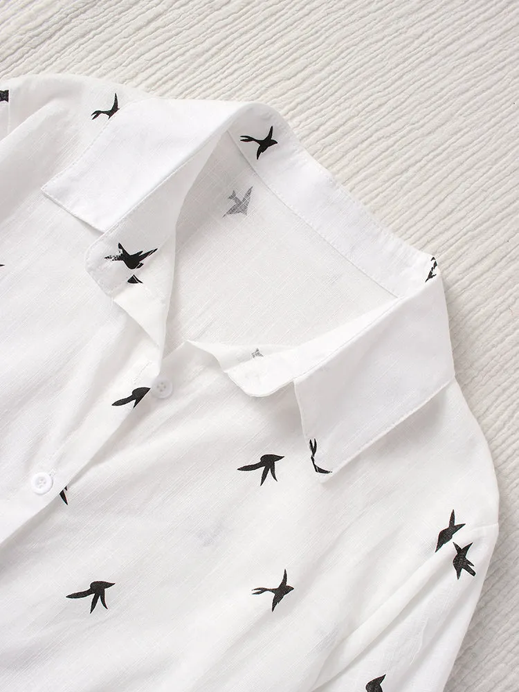 Daily Casual Women Bird Print Cotton Linen Long Sleeve Shirt Commute Blouse