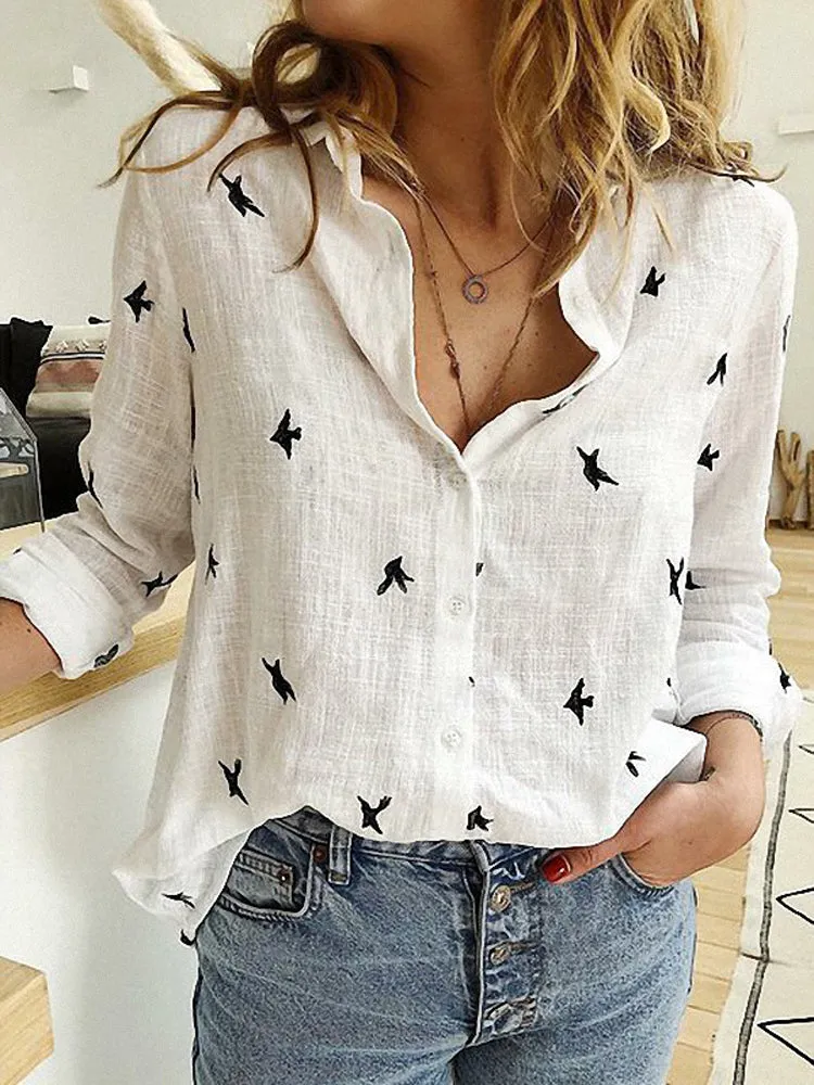 Daily Casual Women Bird Print Cotton Linen Long Sleeve Shirt Commute Blouse