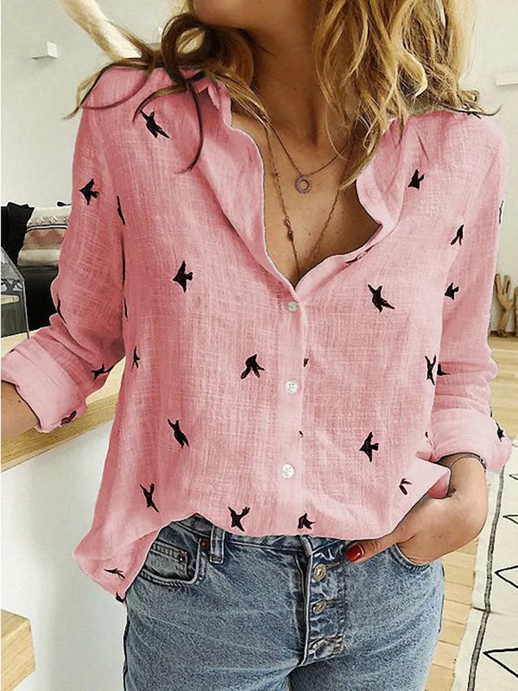 Daily Casual Women Bird Print Cotton Linen Long Sleeve Shirt Commute Blouse