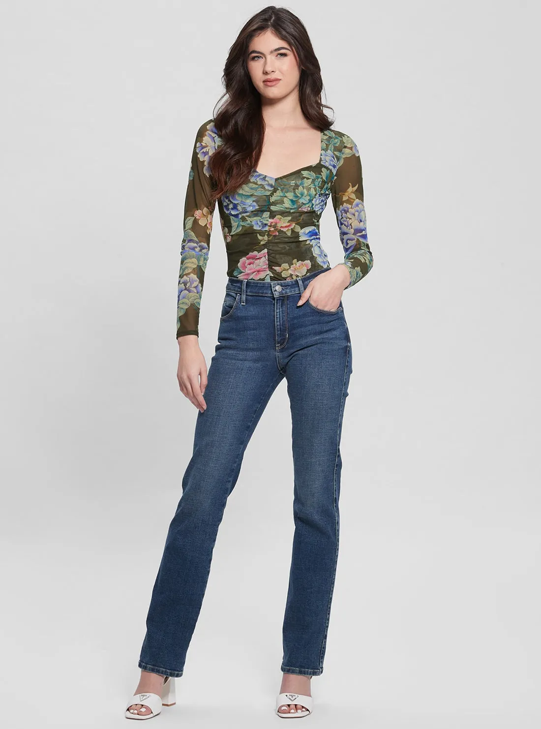 Eco Floral Print Shirred Reyla Mesh Top