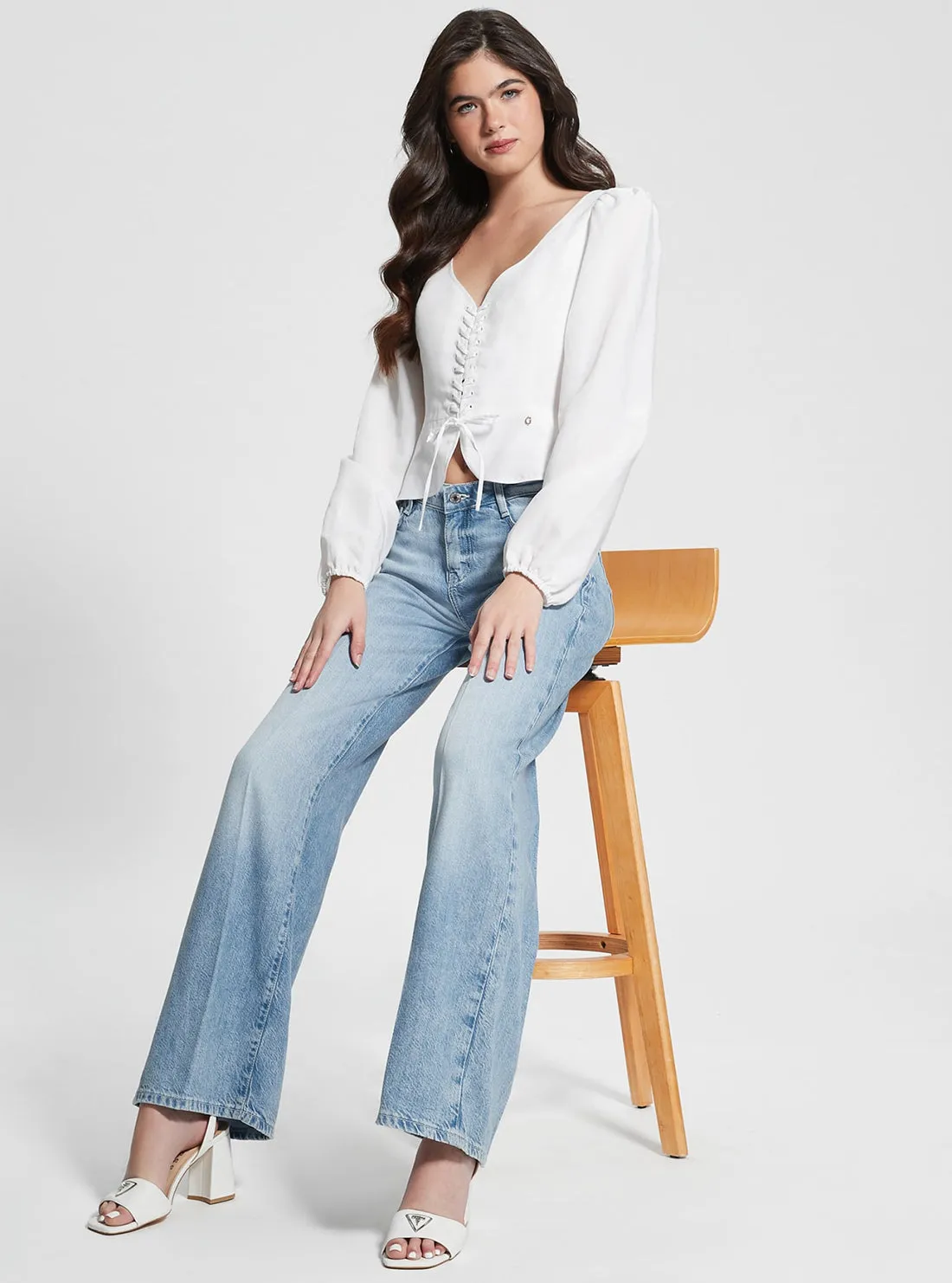 Eco White Federica Lace Up Top