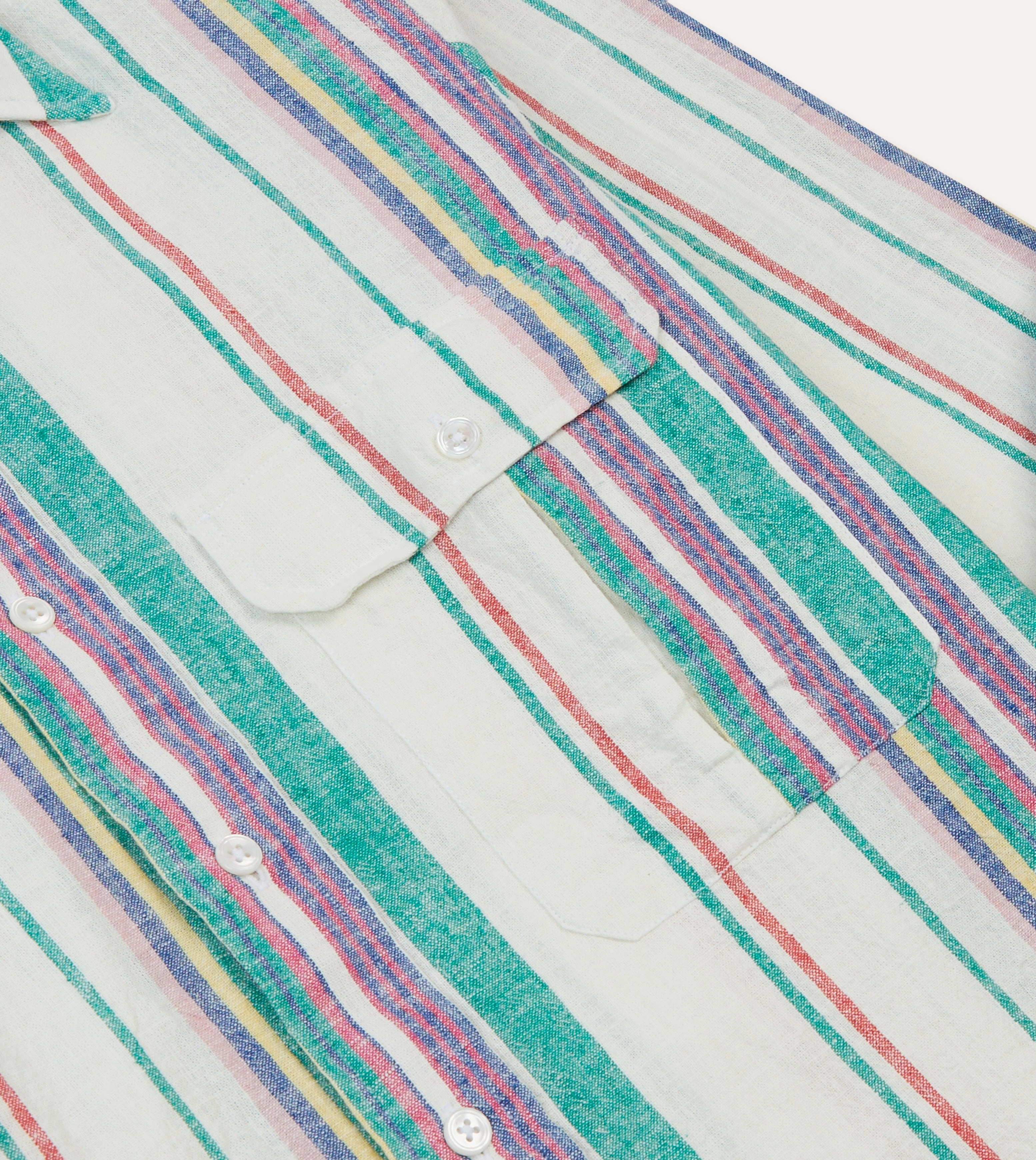 Ecru, Purple and Green Stripe Linen-Cotton Long Point Collar Shirt