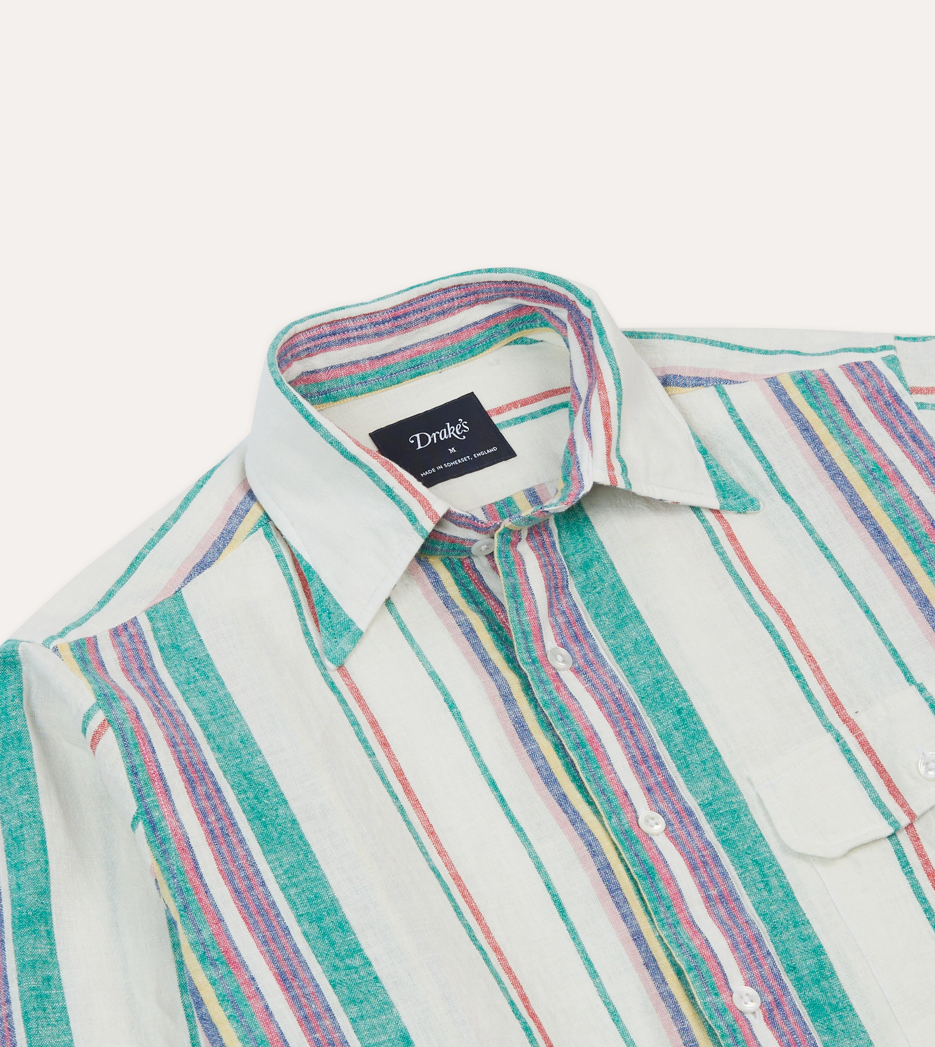 Ecru, Purple and Green Stripe Linen-Cotton Long Point Collar Shirt