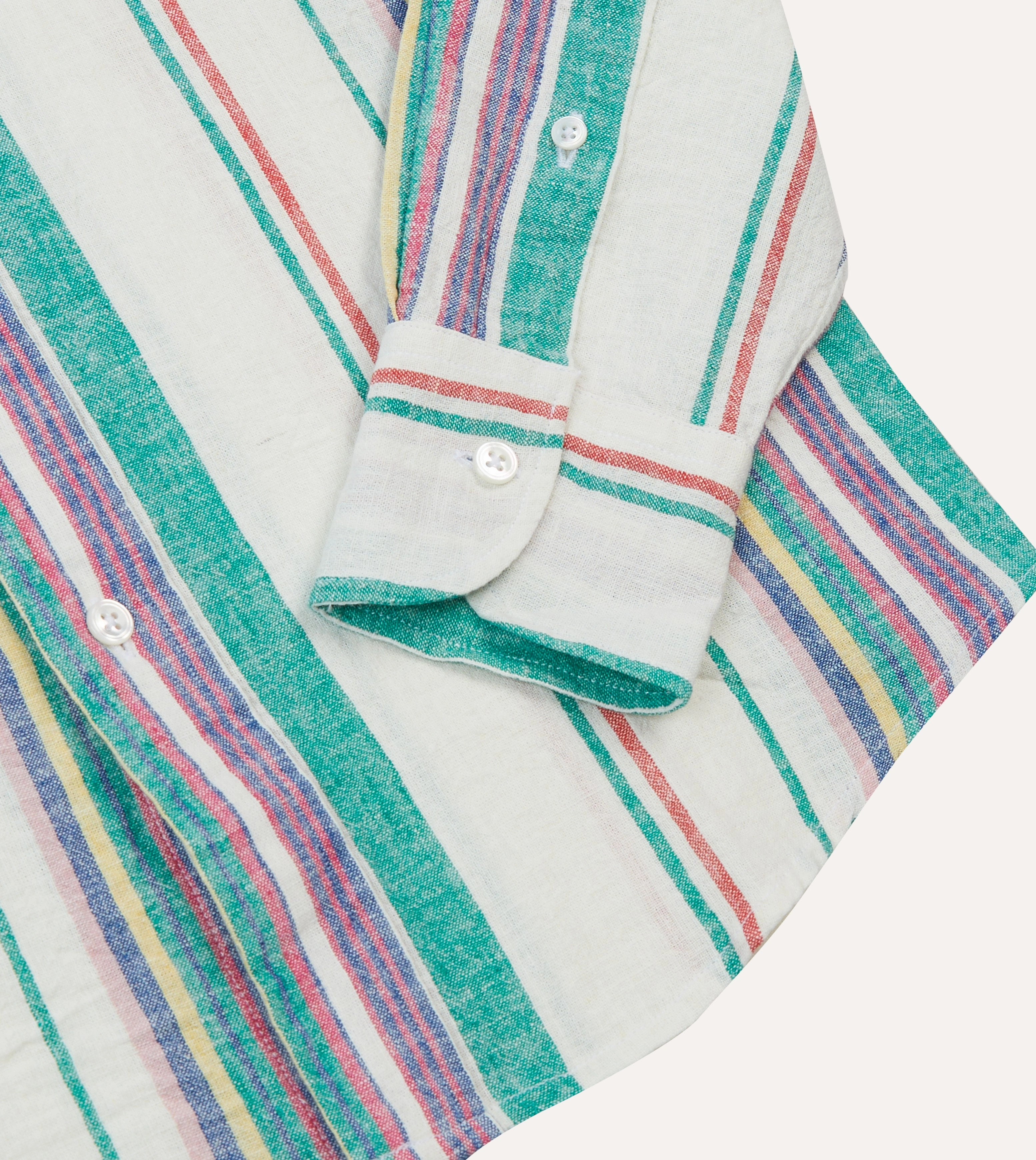 Ecru, Purple and Green Stripe Linen-Cotton Long Point Collar Shirt