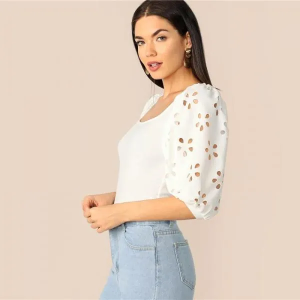 Elegant White Laser Cut Lantern Sleeve Fitted Top Scoop Neck Blouse Women Summer 3/4 Length Sleeve Solid Workwear Blouses