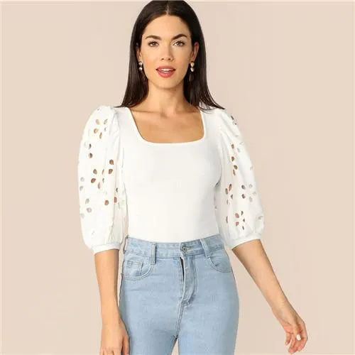 Elegant White Laser Cut Lantern Sleeve Fitted Top Scoop Neck Blouse Women Summer 3/4 Length Sleeve Solid Workwear Blouses
