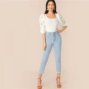 Elegant White Laser Cut Lantern Sleeve Fitted Top Scoop Neck Blouse Women Summer 3/4 Length Sleeve Solid Workwear Blouses