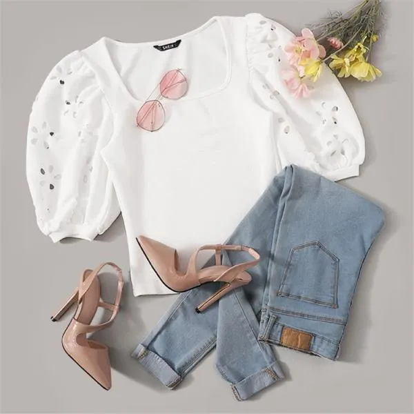 Elegant White Laser Cut Lantern Sleeve Fitted Top Scoop Neck Blouse Women Summer 3/4 Length Sleeve Solid Workwear Blouses