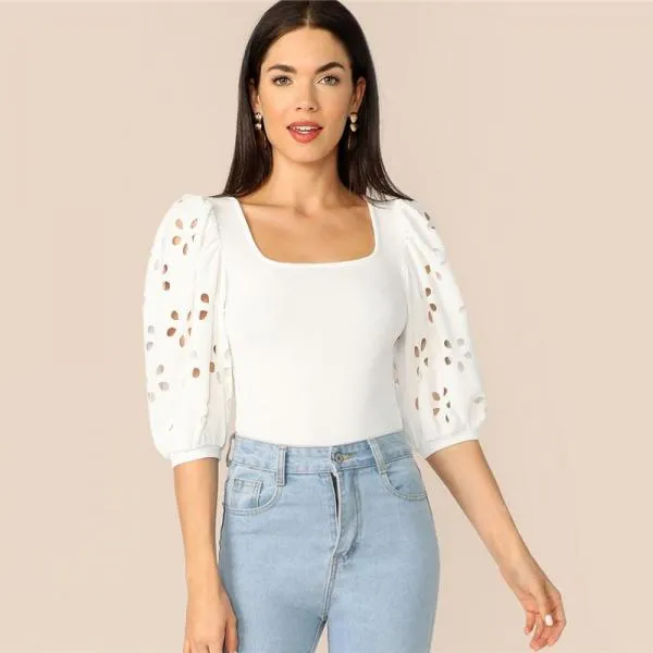Elegant White Laser Cut Lantern Sleeve Fitted Top Scoop Neck Blouse Women Summer 3/4 Length Sleeve Solid Workwear Blouses