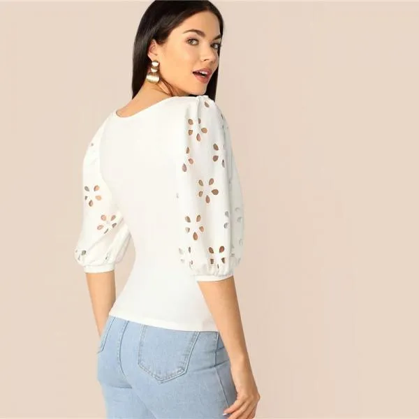 Elegant White Laser Cut Lantern Sleeve Fitted Top Scoop Neck Blouse Women Summer 3/4 Length Sleeve Solid Workwear Blouses