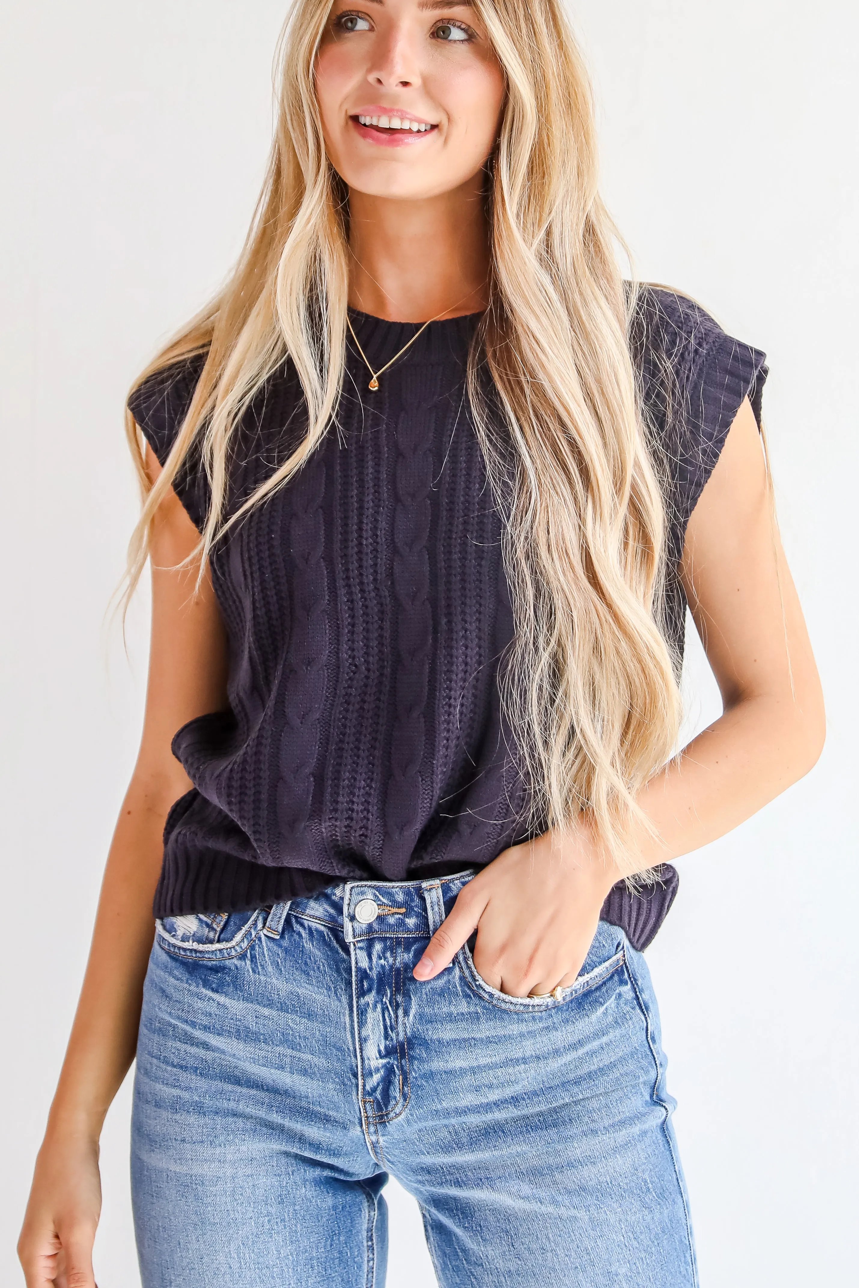 FINAL SALE - Designated Cutie Navy Cable Knit Sweater Vest