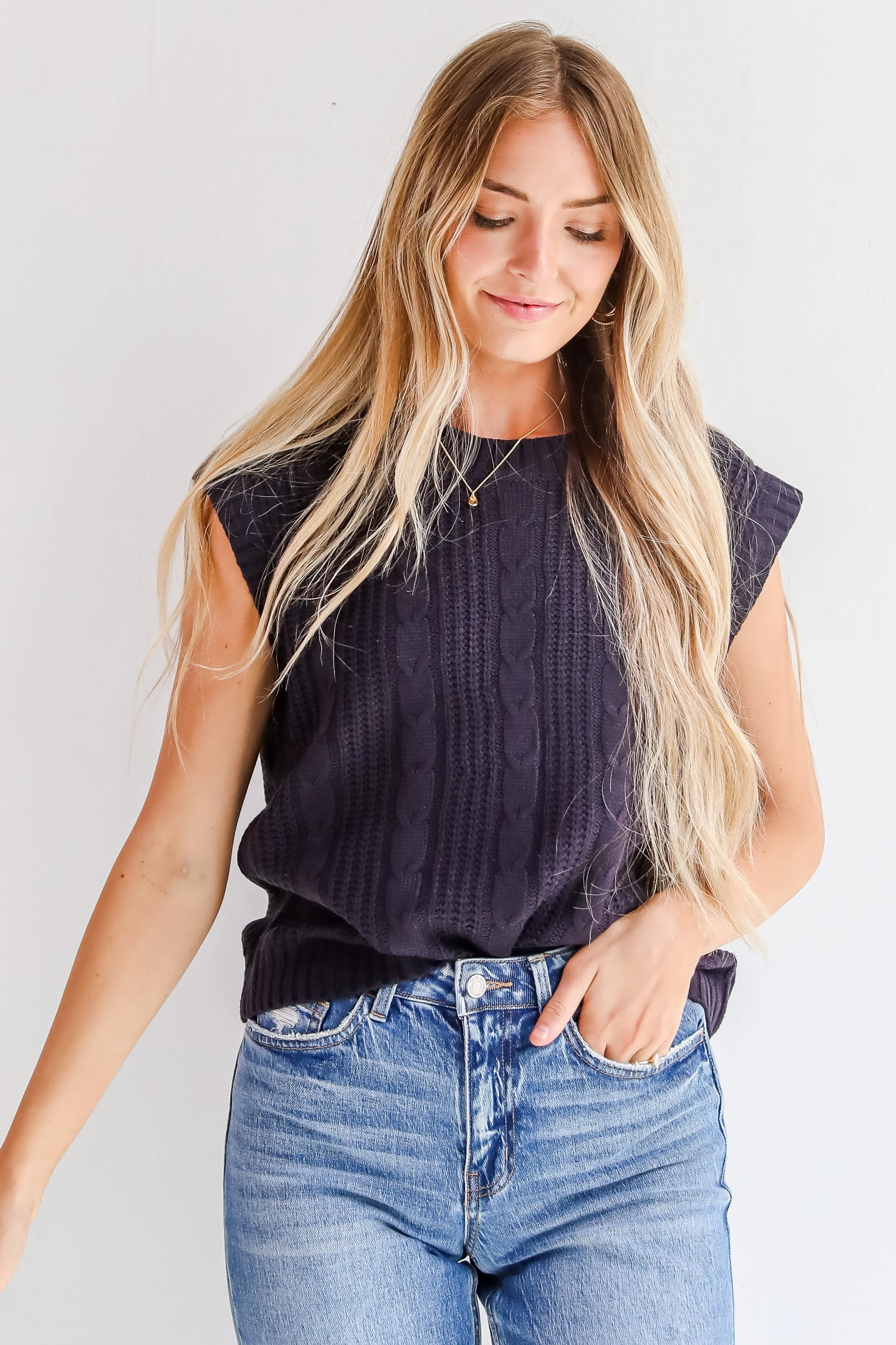 FINAL SALE - Designated Cutie Navy Cable Knit Sweater Vest