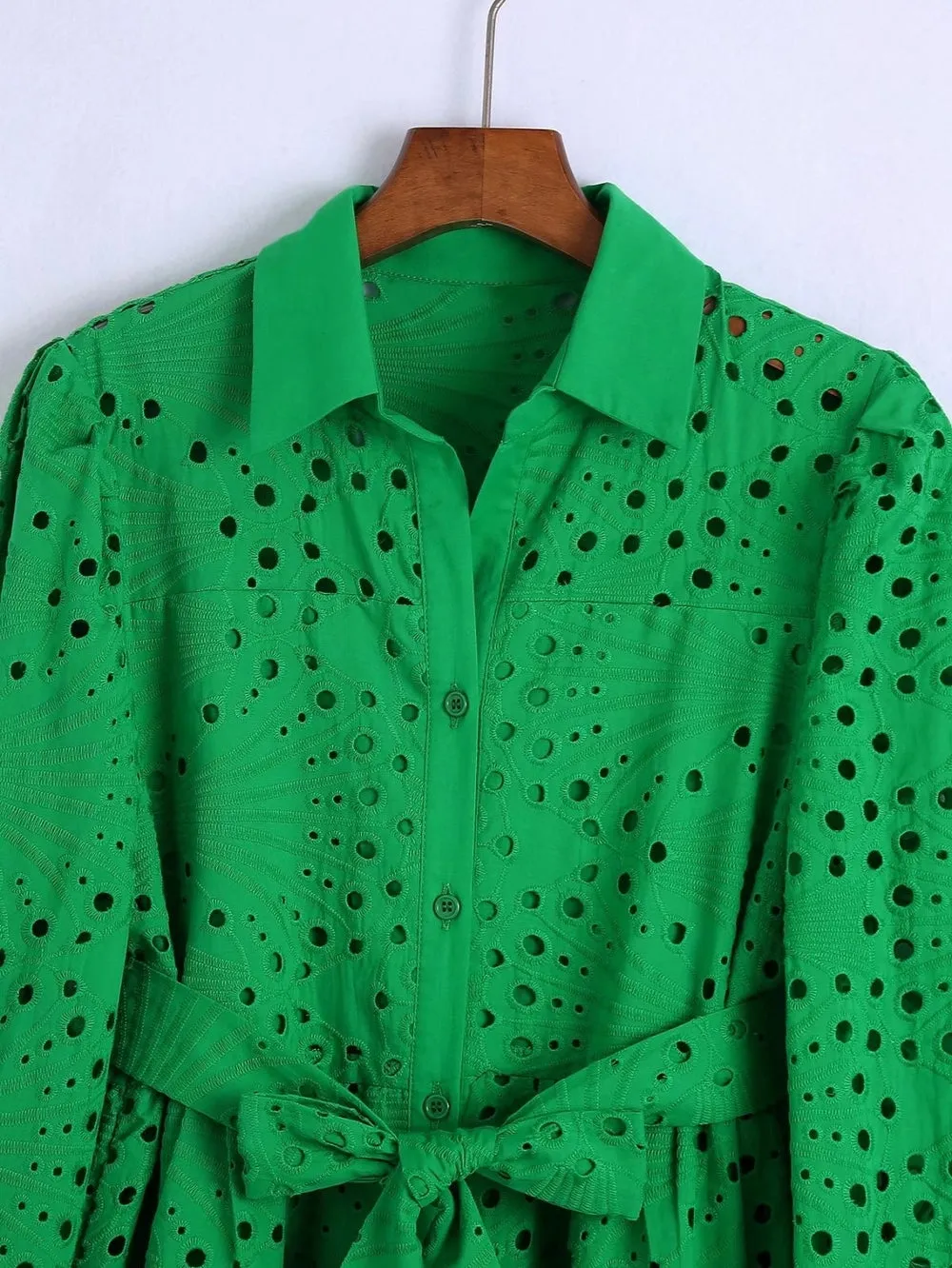 Green Lace Blouse Top With Lining Hollow