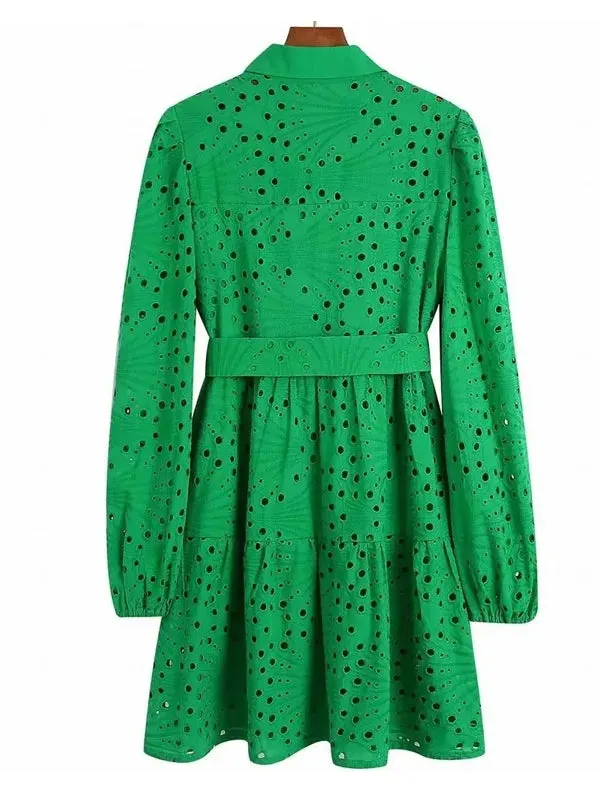 Green Lace Blouse Top With Lining Hollow