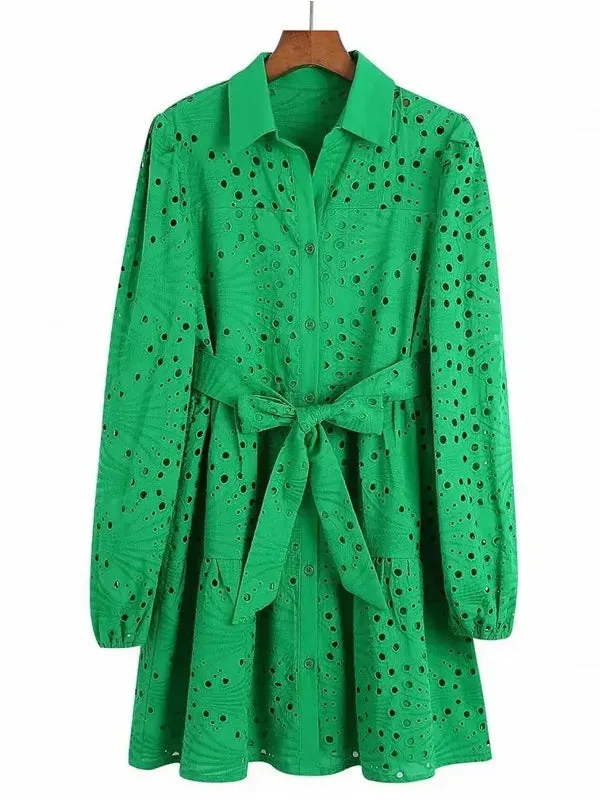 Green Lace Blouse Top With Lining Hollow
