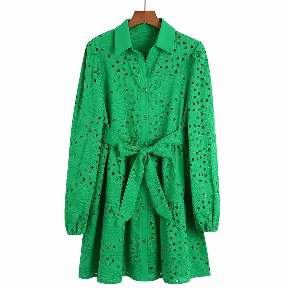 Green Lace Blouse Top With Lining Hollow
