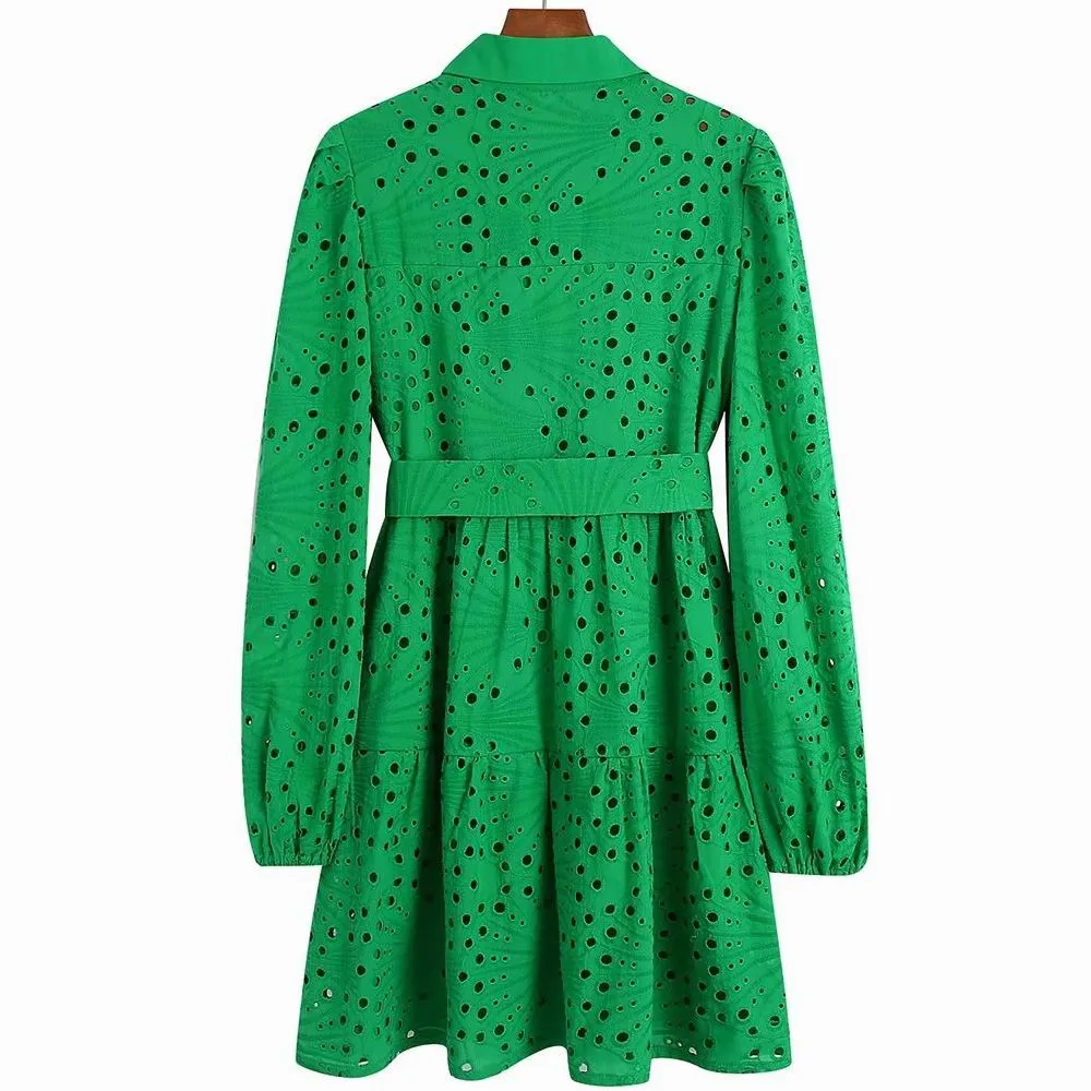 Green Lace Blouse Top With Lining Hollow