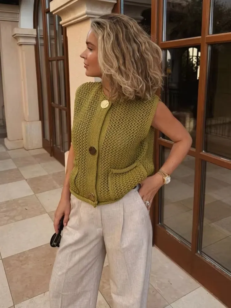 Green Round Neck Women Knitted Vest