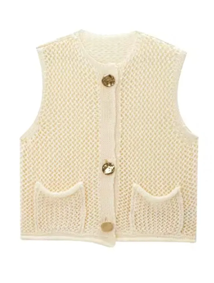 Green Round Neck Women Knitted Vest