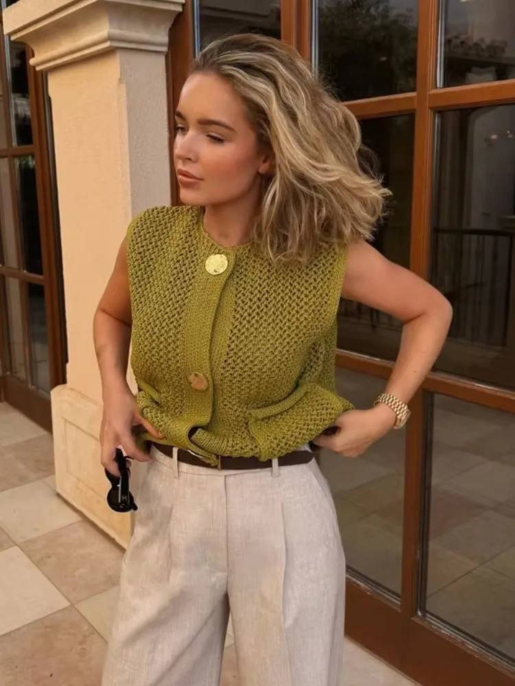 Green Round Neck Women Knitted Vest