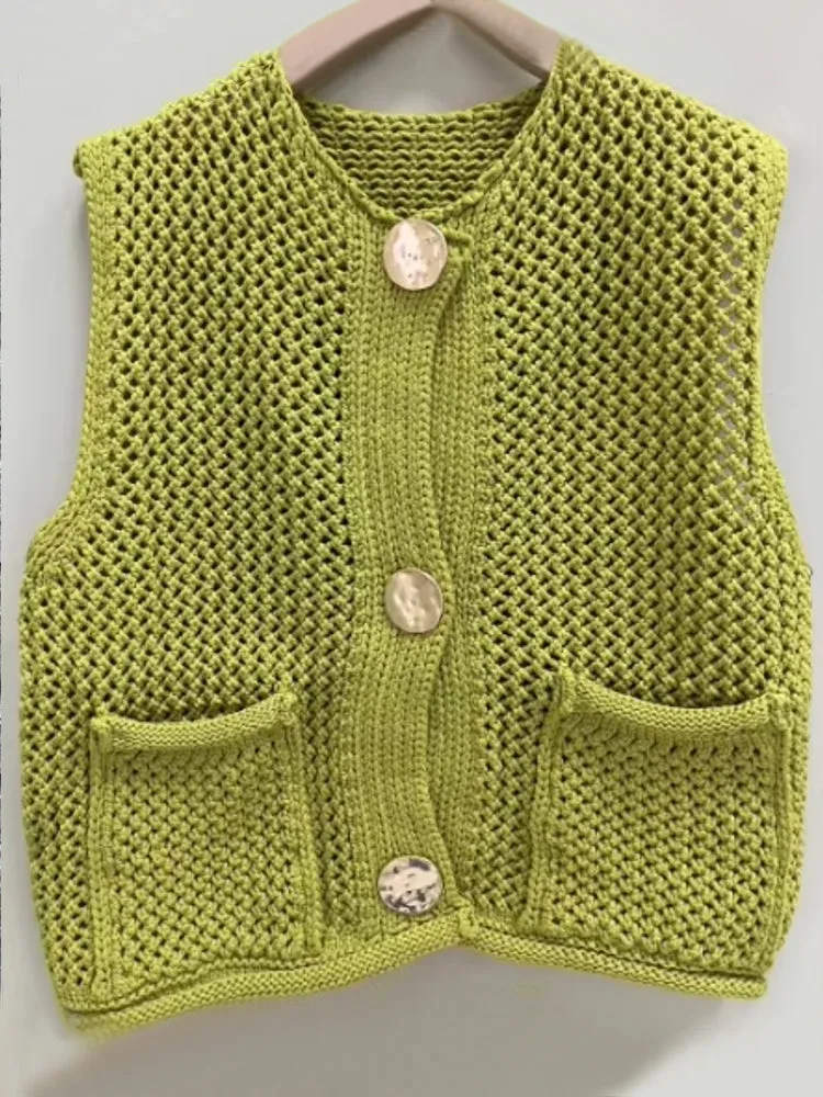 Green Round Neck Women Knitted Vest