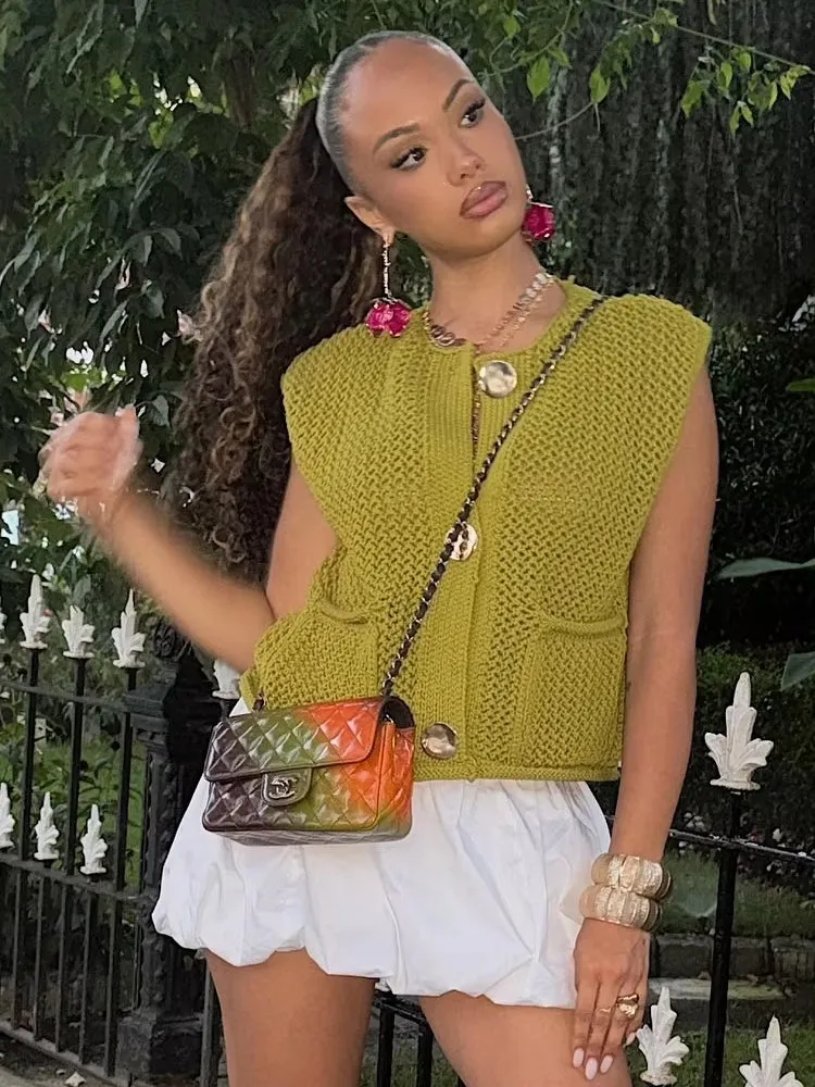 Green Round Neck Women Knitted Vest