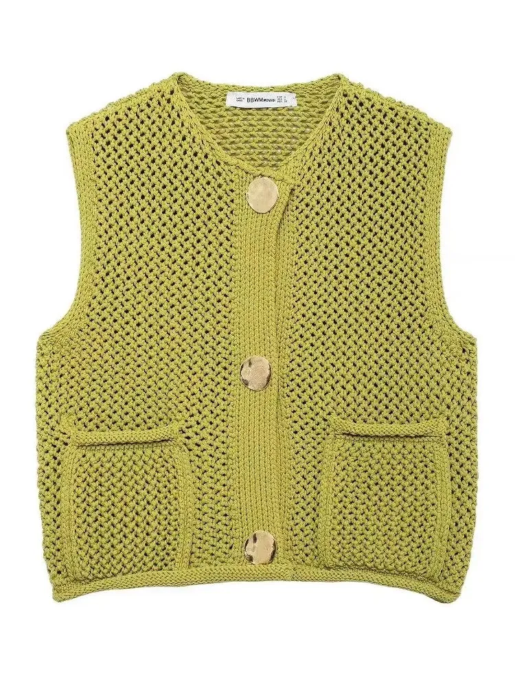Green Round Neck Women Knitted Vest